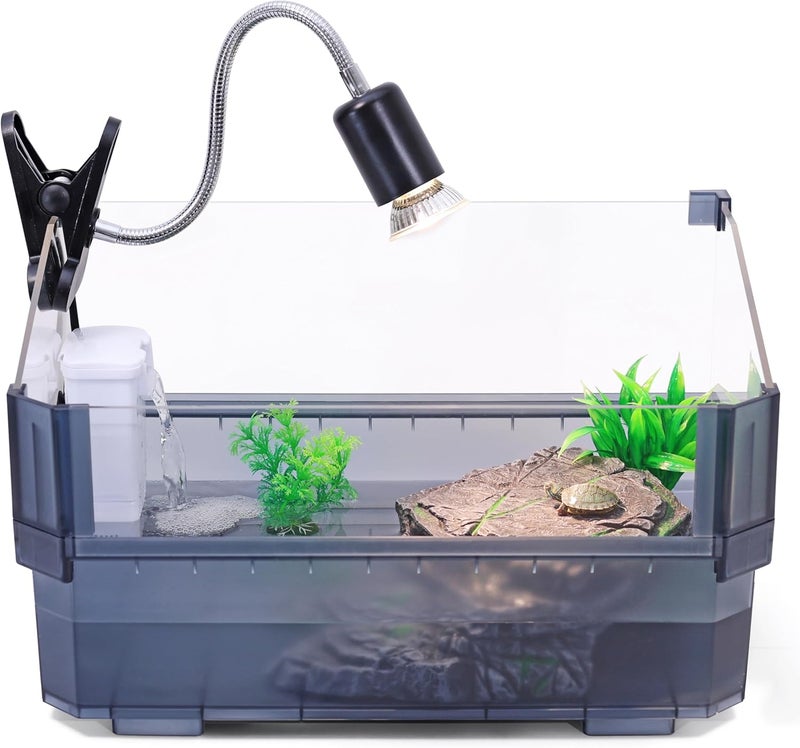 HYPESIDE Small Turtle Tank Kit for Aquatic Turtles – Complete Starter Habitat with Filter, UVB Lamp, Basking Platform, Plants – Turtle Aquarium Kit (Black) - Image 1